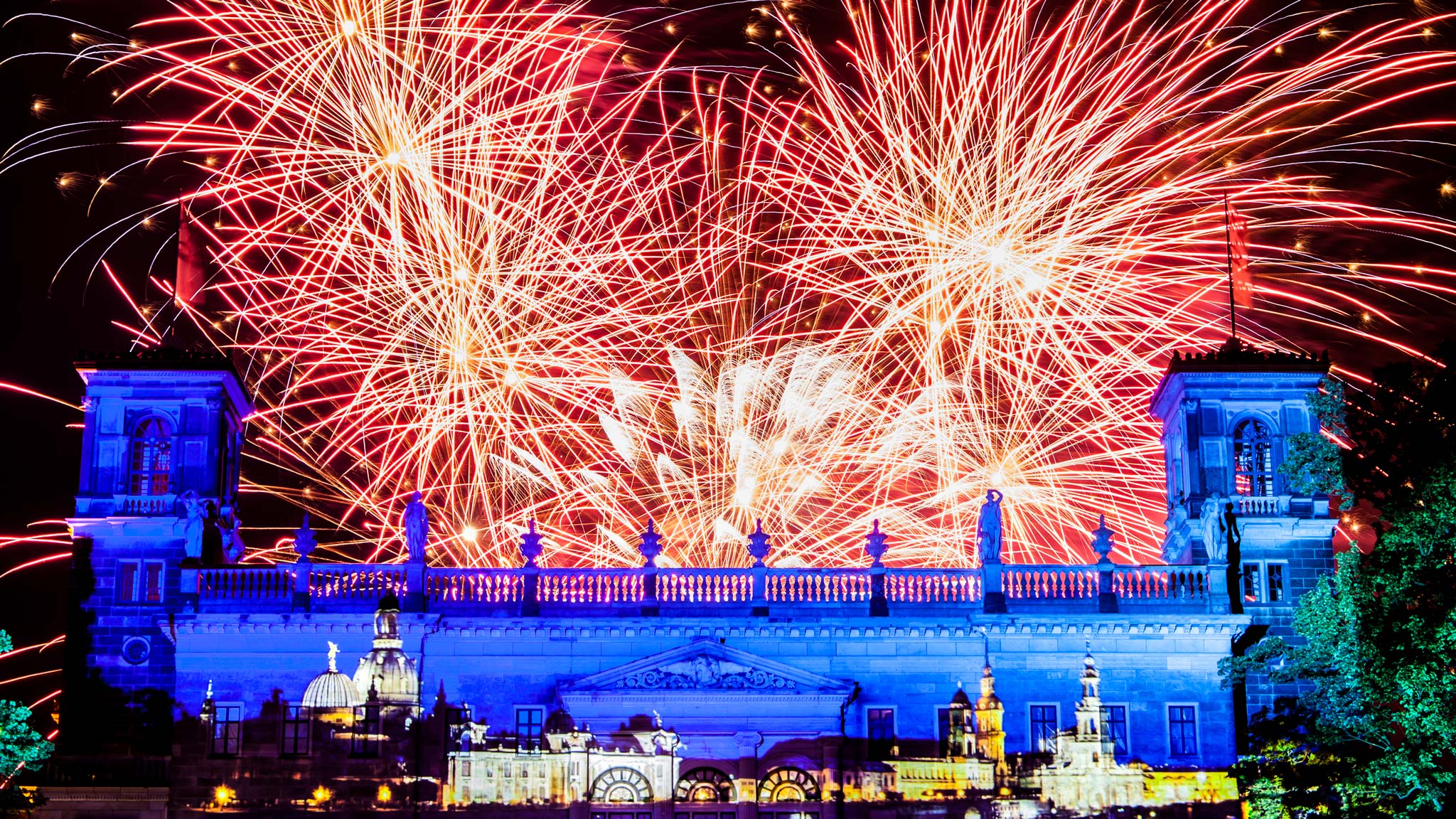 Albrechtsberg Palace and fireworks in Saxony, Germany