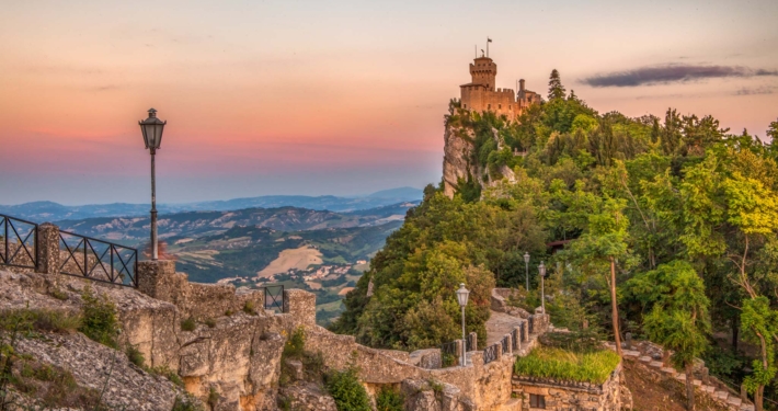 One of the San Marino towers at sunset