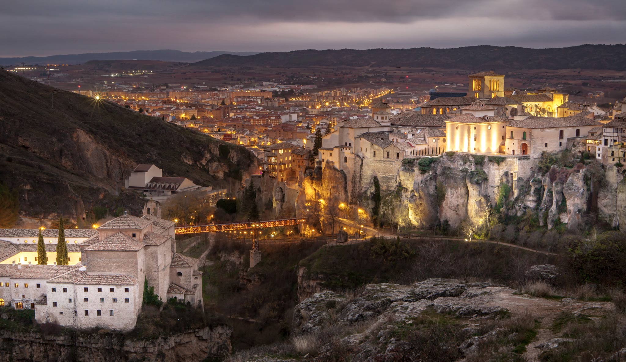 View of Cuenca at dusk, one of the most beautiful cities in Spain