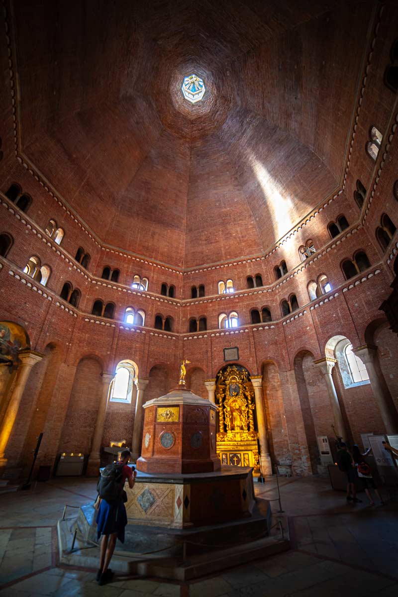 The red brick octagonal Baptistery as seen from inside