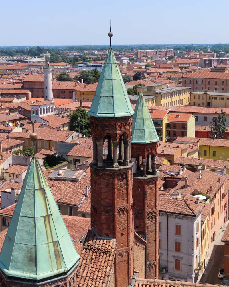 Three spires as seen from the rooftop of Cremona tower