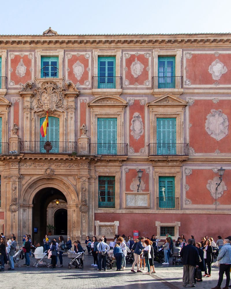 The pink/red fronted Bishops palace in Murcia Spain