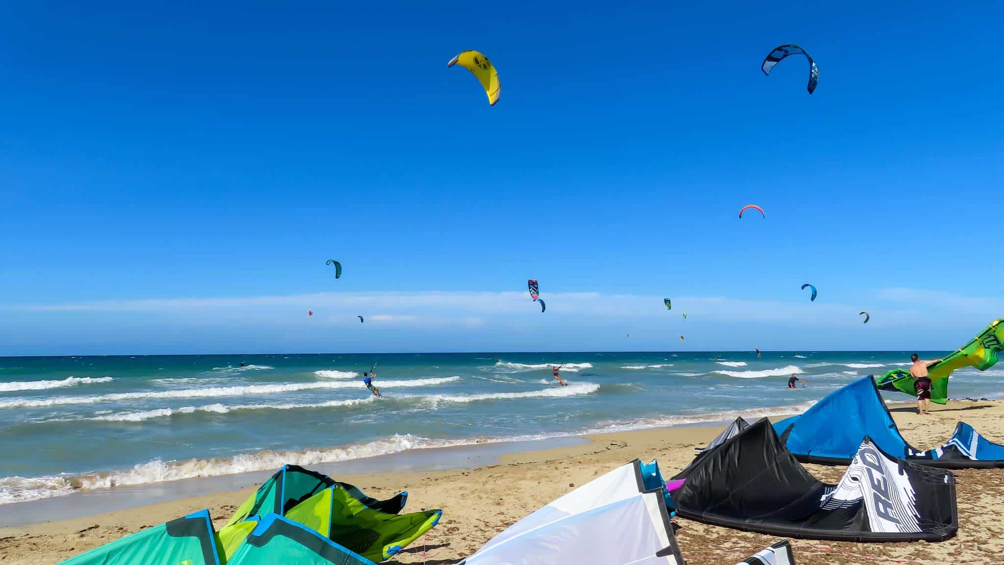 Sand dunes and water sports in the windswept park 