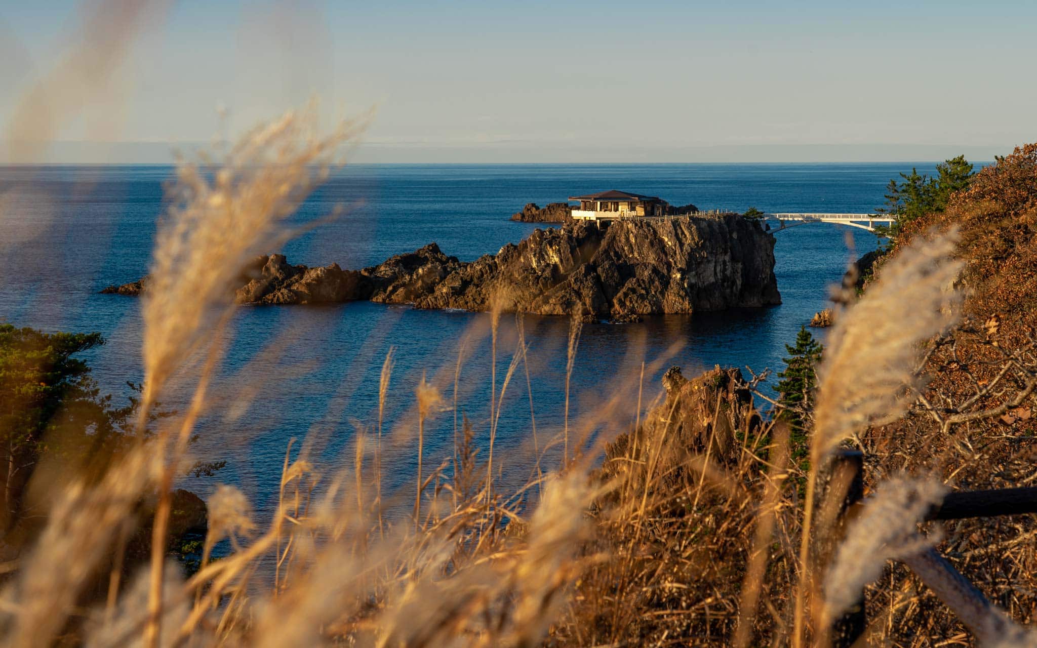 A viewing platform on the rocky Sado Island coast