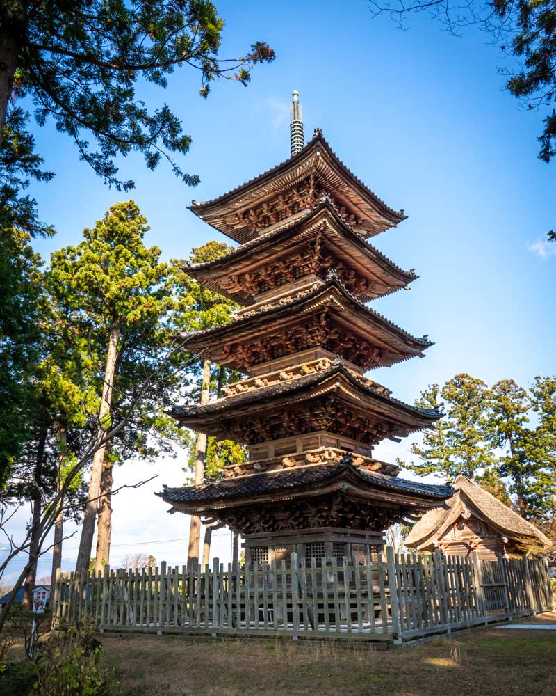 A five tier red pagoda on Sado Island