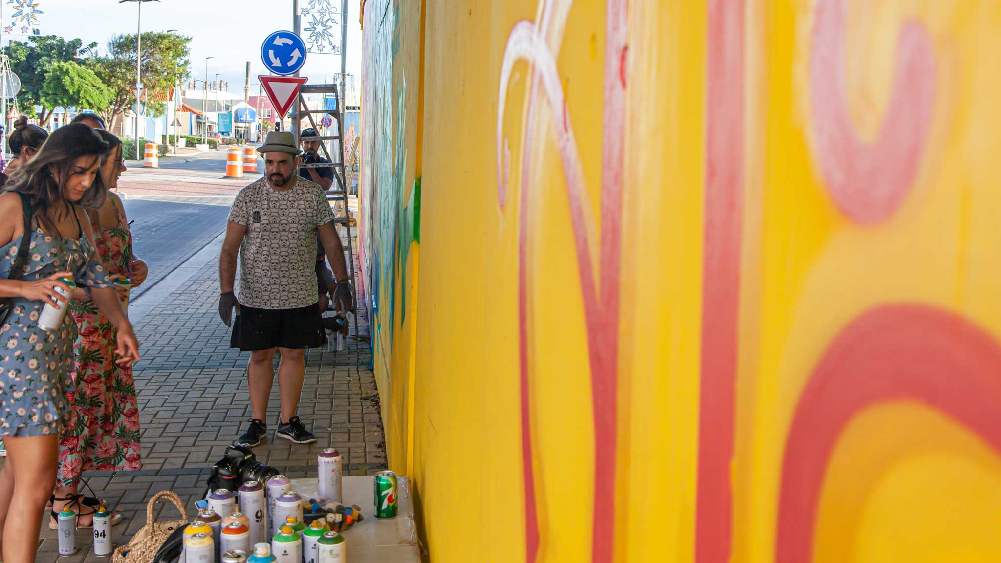 A street art workshop with spray paint in San Nicolas Aruba