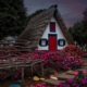 The traditional thatched houses of Santana, a pointed triangle shaped house with colourful blue and red windows and flowers outside