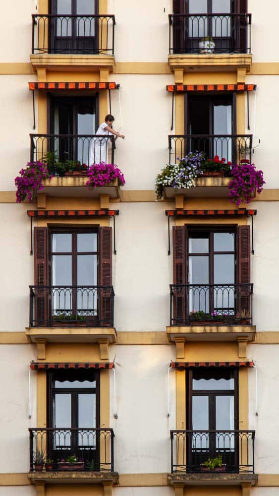 Colourful rows of windows with flower pots in the Basque Country