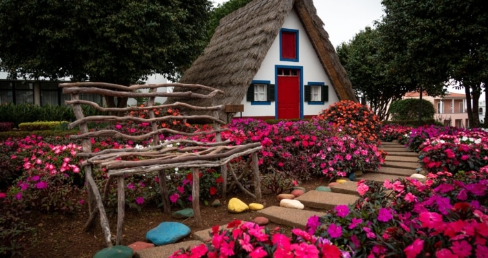 Traditional houses surrounded by flowers in Madeira, Portugal