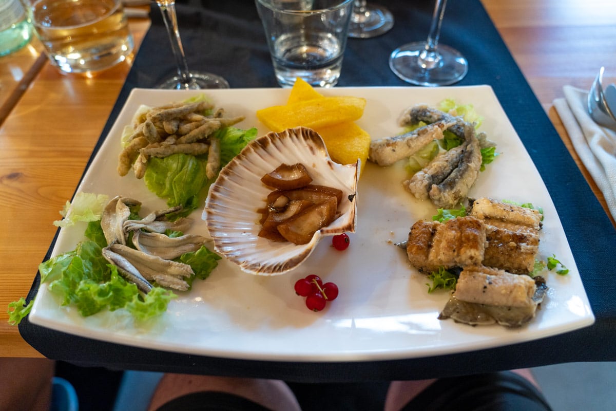 Fish platter with eel in La Locanda del Delta.