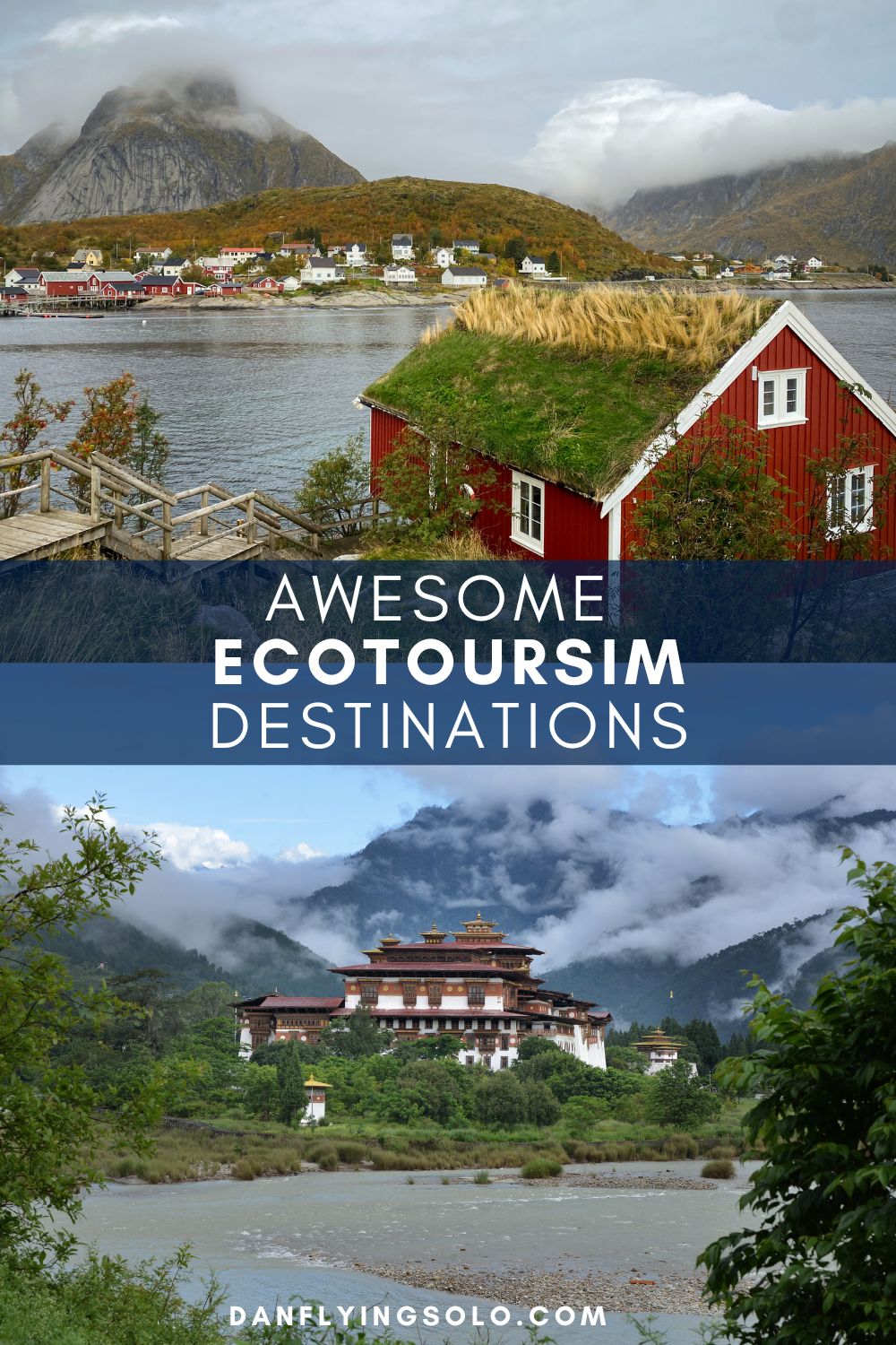 Pin it: Ecotourism destinations (Top: Norway | Bottom: Bhutant/canva)