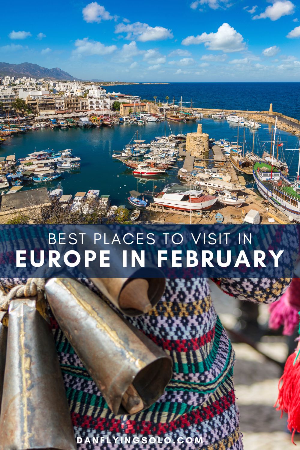 Pin it: Best places to visit in Europe in February (Top: Cyprus | Bottom: Caretos constume /Canva)