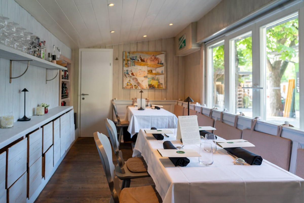 The small, intimate dining room inside Genießerei am Markt at Graz's Kaiser-Josef-Platz Farmers' Market