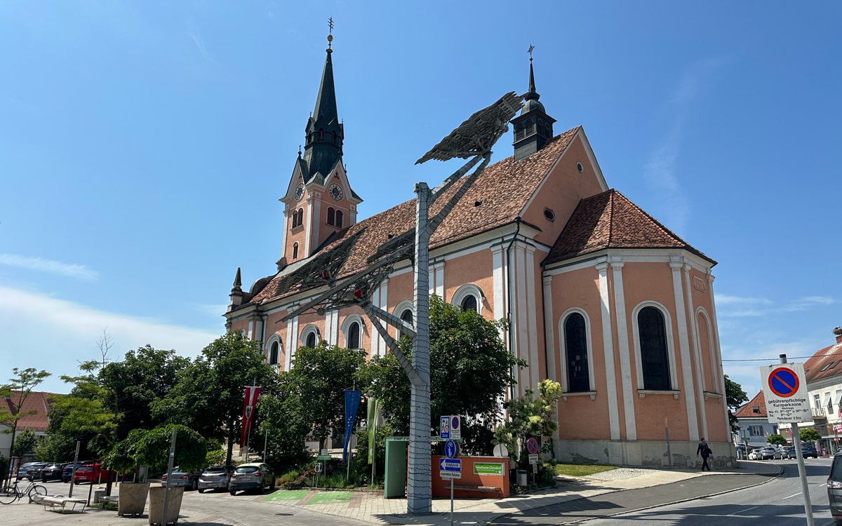 Gleisdorf city church with solar panel "tree"